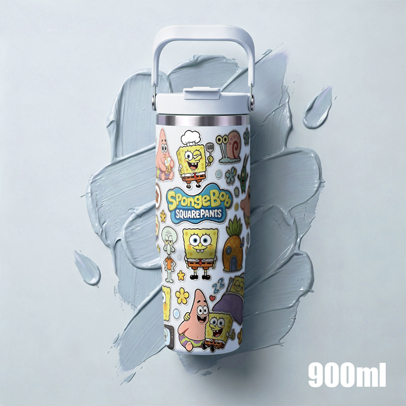 Copo Bob Esponja De Água De Grande Capacidade 900ml Garrafa Térmica De Aço Inoxidável Com Alça