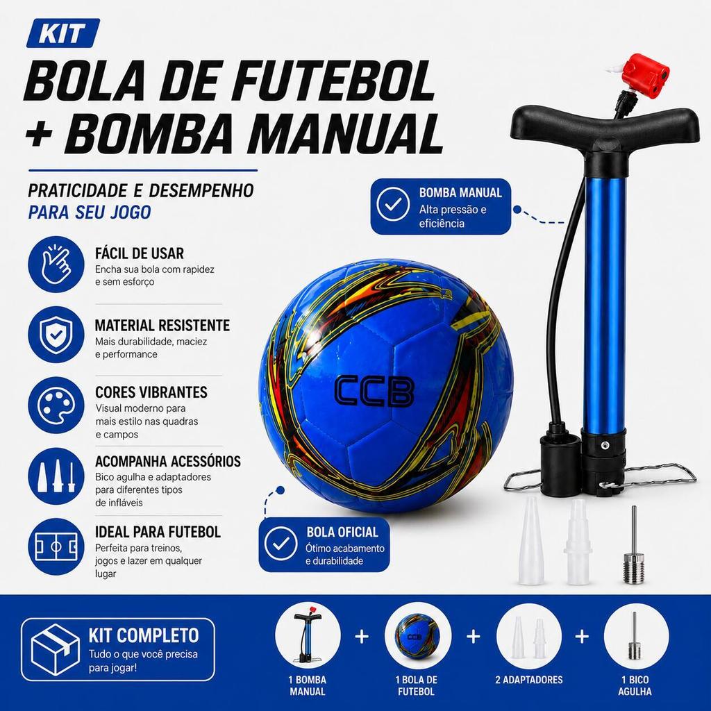 Kit Bola de Futebol + Bomba de Ar Manual Portátil com Bico e Agulha – 5 Cores para Treino, Jogo e Lazer