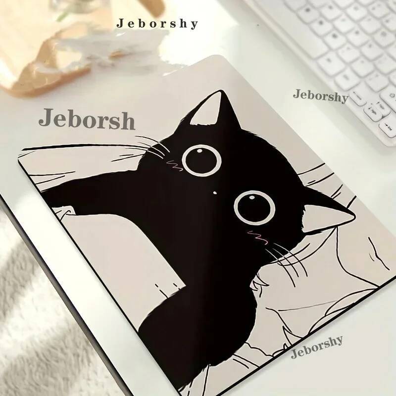 Gato Preto Ilustração Mouse Pad Pequeno Tapetes De Mesa De Escritório Acessórios De Computador Lavável Borracha Antiderr