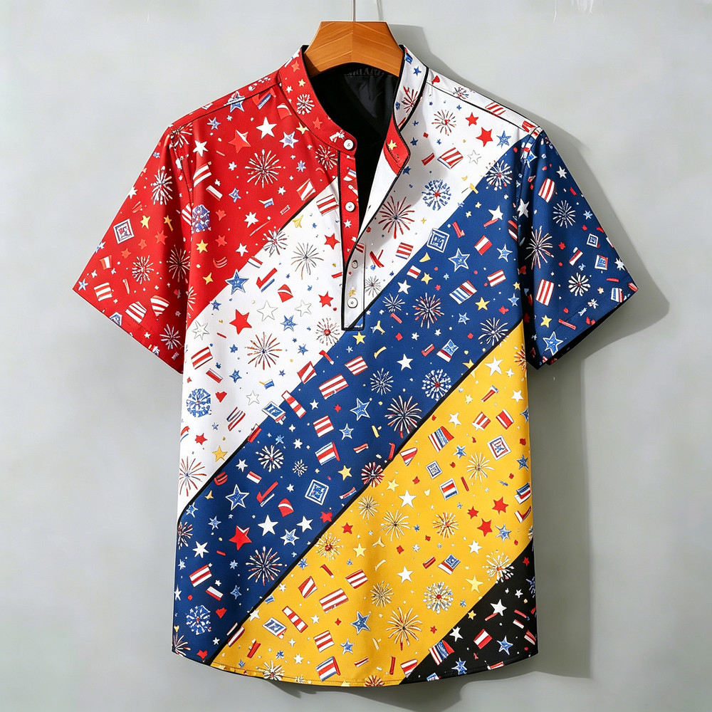 2026 Nova Camisa De Manga Curta Masculina Meia Carcela Henry Colarinho Respirável Cor Bloco Impressão Merdeka Rua Moda T
