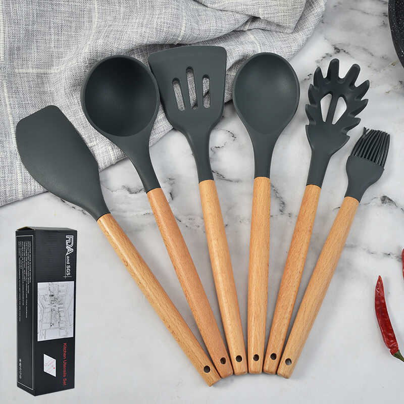 Utensílios de cozinha cabo de madeira utensílios de cozinha de Silicone conjunto de 6 peças utensílios de cozinha multif