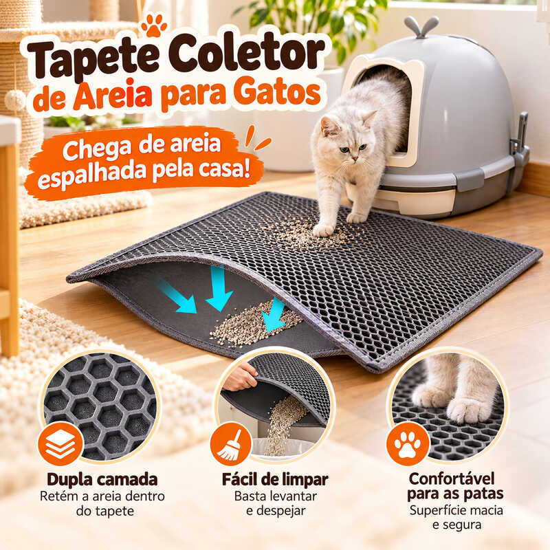 Tapete Coletor de Areia para Gato Dupla Camada EVA 75x55cm Lavável Impermeável Antiderrapante Higiênico Caixa de Areia
