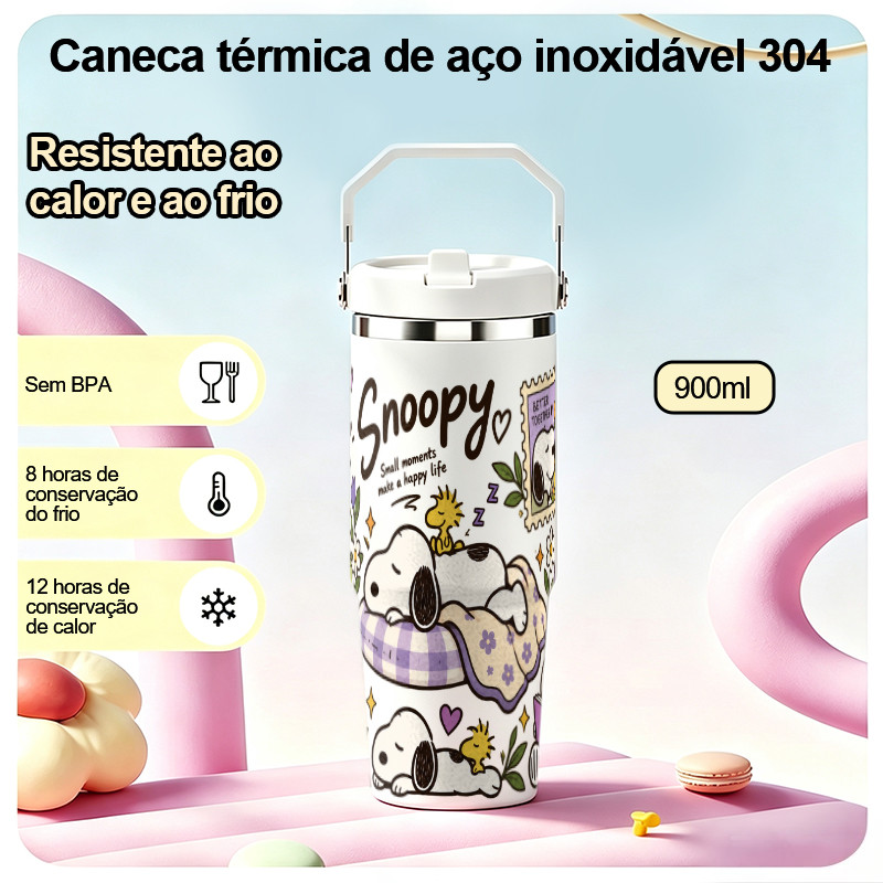 Snoopy Cozy Moments Tumbler Copo De Água De Grande Capacidade 900ml Garrafa Térmica De Aço Inoxidável Com Alça