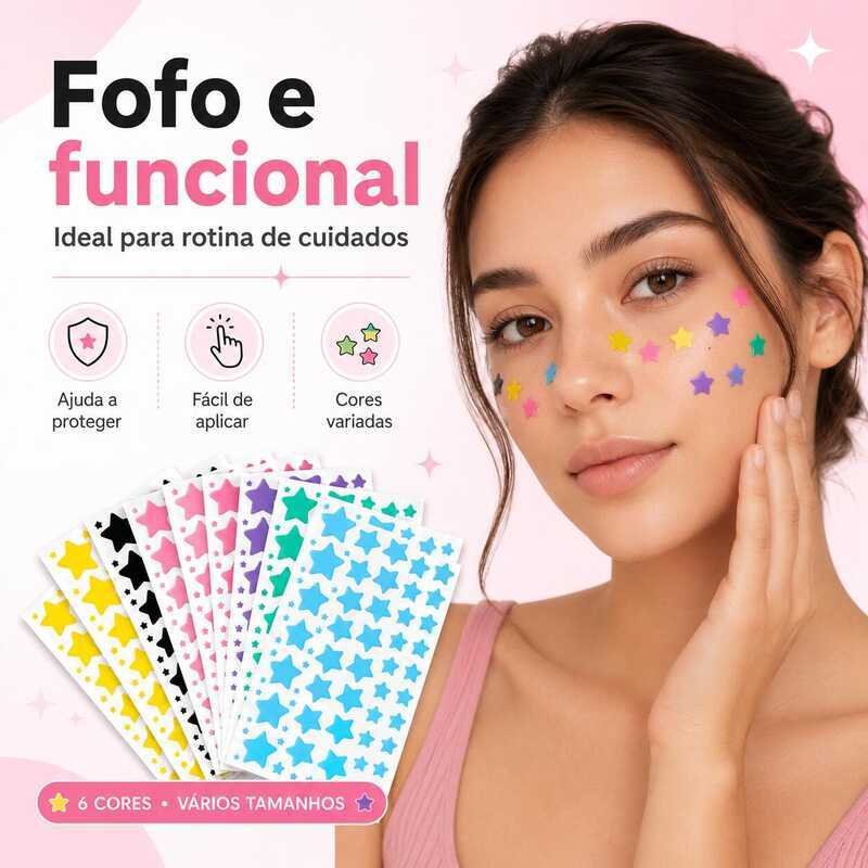 Kit Adesivo Antiacne Hidrocoloide Estrela Colorida Patch para Espinha Rosto Dia e Noite 6 Cores