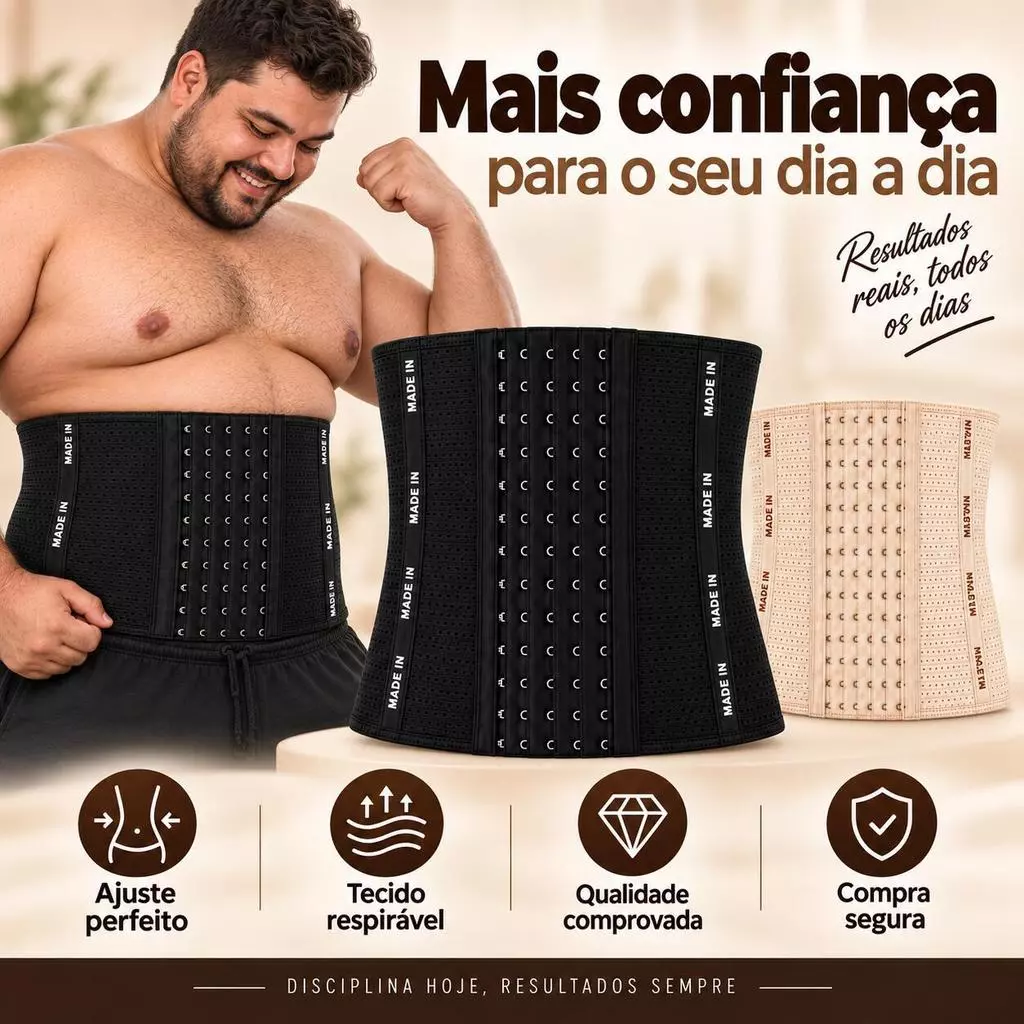 Cinta Modeladora Masculina Plus Size 6 Fileiras Compressão Ajustável Respirável Cintura PP ao GG Preto Bege — imagem 1