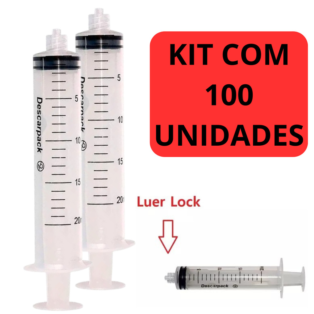 KIT C/ 100 SERINGAS 20ML SEM AGULHA LUER LOCK DESCARTÁVEL em Oferta na Shopee