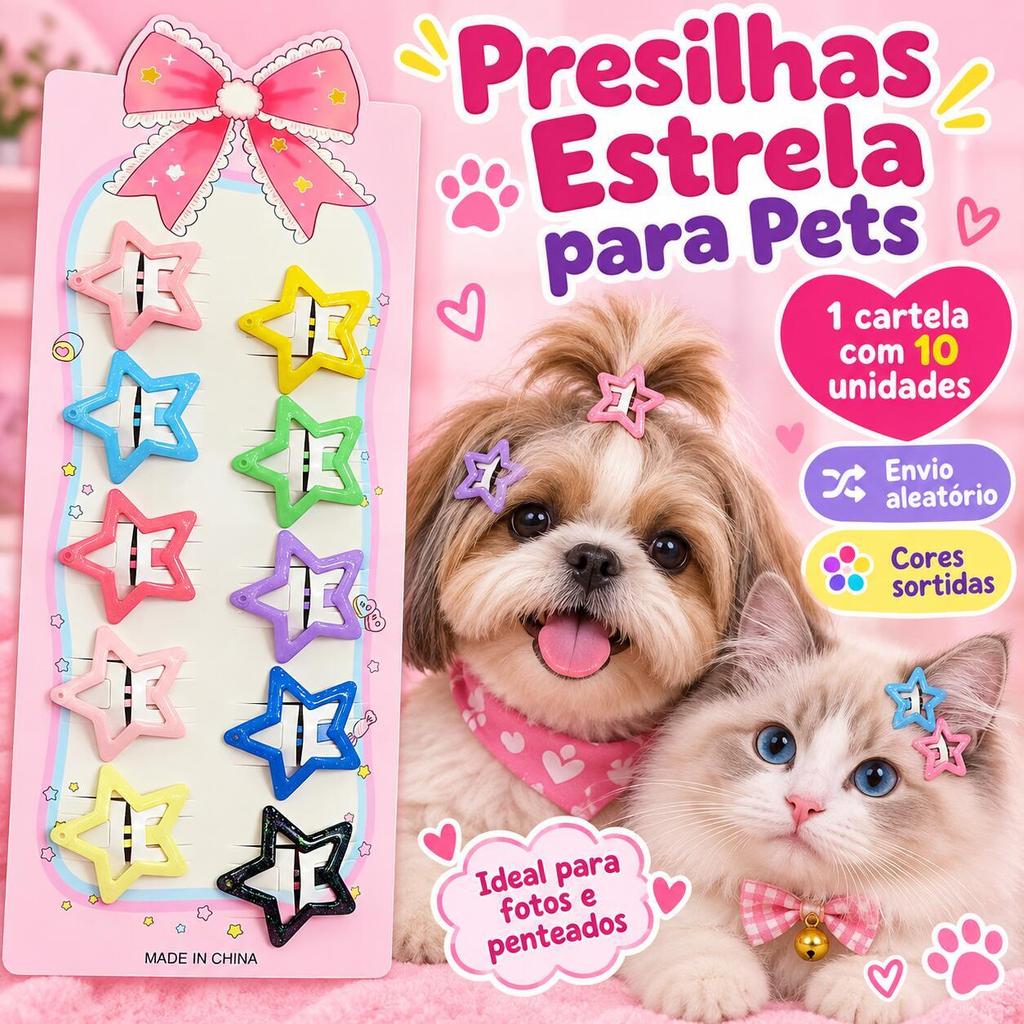 Kit 10 Presilhas Estrela para Pets Cães e Gatos 3cm Tic Tac Cores Sortidas Acessório para Penteado