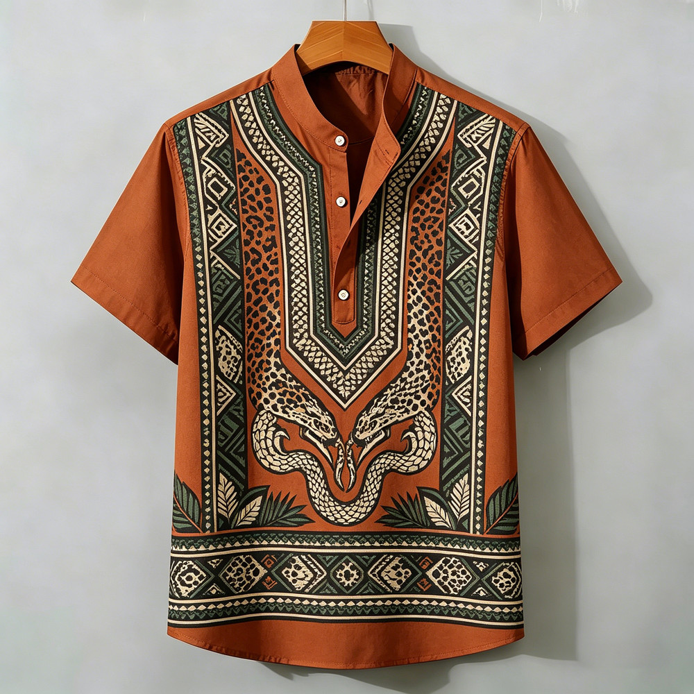 2026 Nova Camisa Masculina De Manga Curta Meia Carcela Henry Colarinho Respirável Leopardo Cobra Impressão Rua Moda Topo