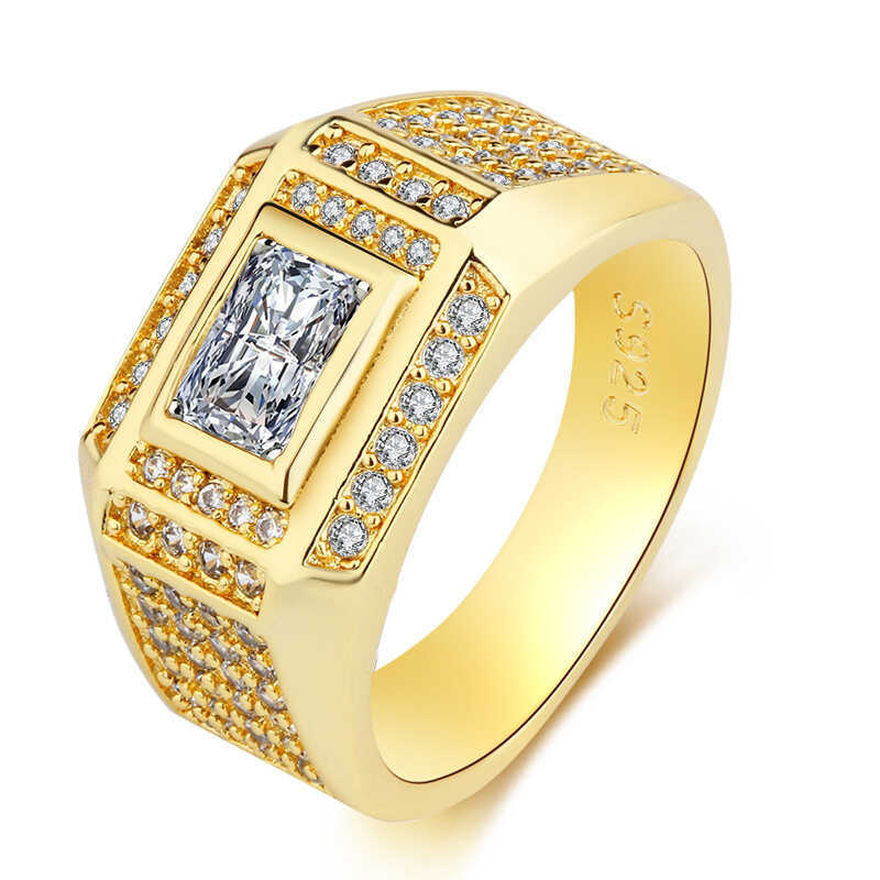 Galvanoplastia ouro cor retenção retangular diamante luxo grande anel de diamante anel masculino luxo cheio diamante ane