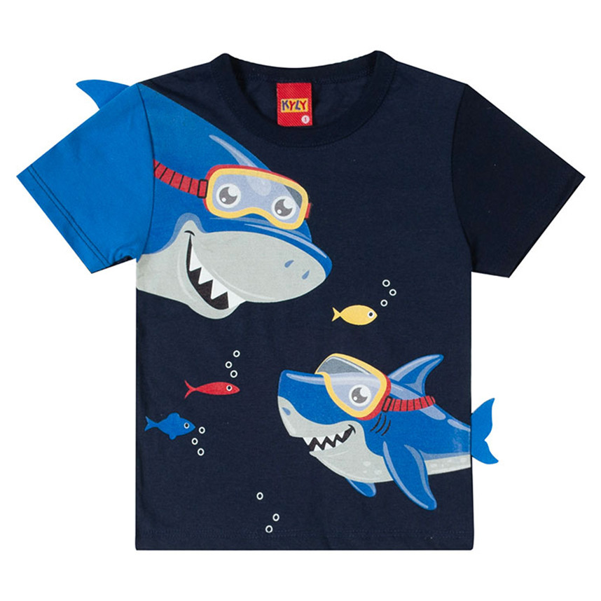 Camiseta Infantil Menino Tubarão 100% Algodão Kyly Camiseta Infantil Barbatana 3D Estampa Tubarão Roupa Infantil Masculi