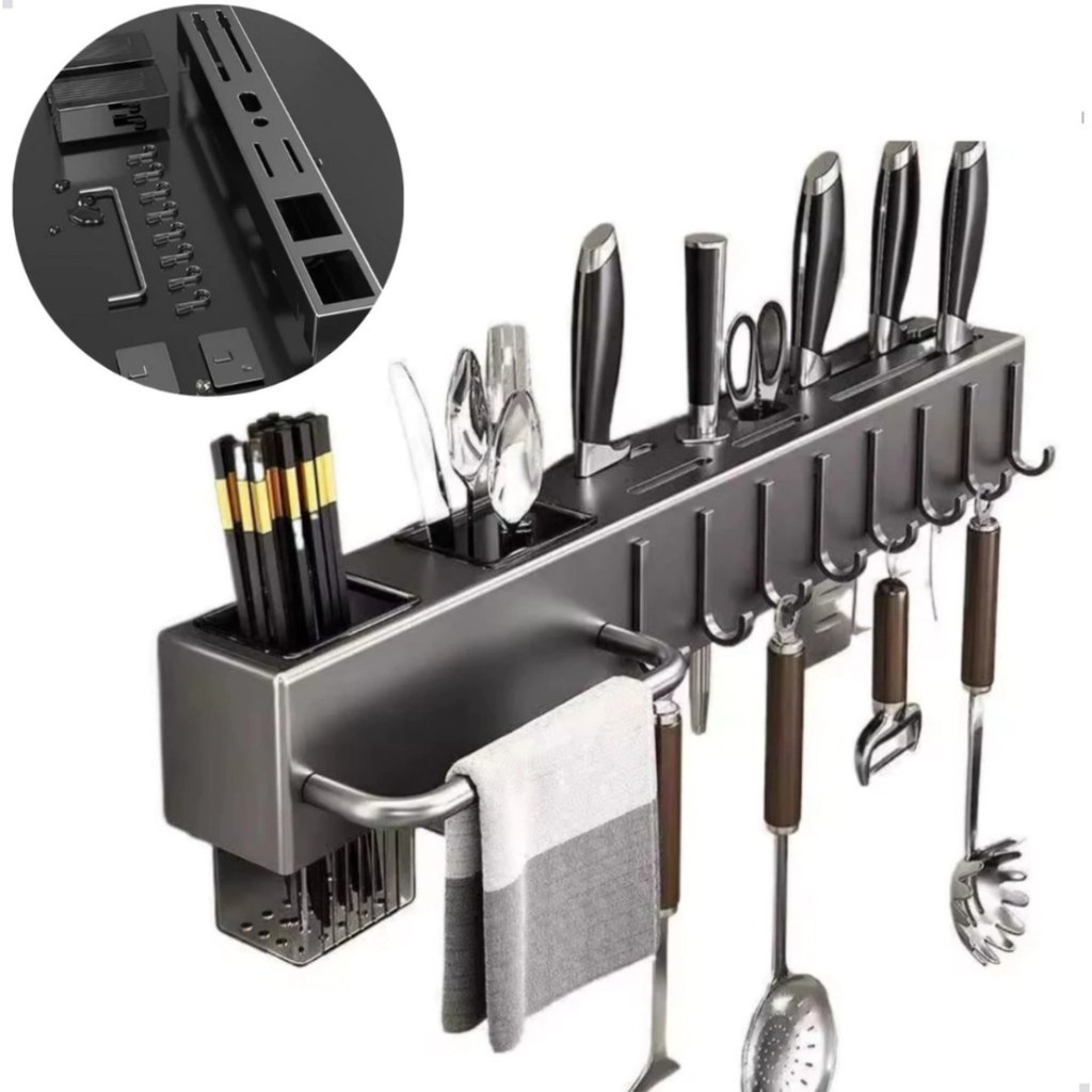 Prateleira Organizadora de Cozinha Multifuncional Metal com Ganchos e Cesto - BM-F1328