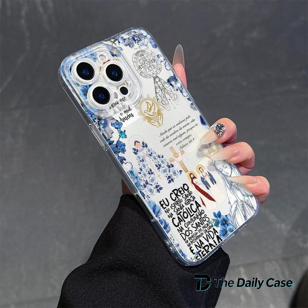 Capinha Católica Flor Azul Transparente Religiosa para iPhone 11 12 13 14 15 16 17 Pro Max XR XS