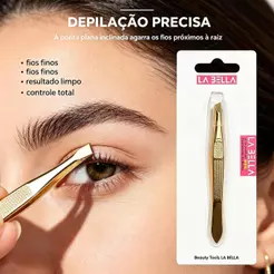 Pinça para Sobrancelha LA BELLA Dourada Ponta Inclinada Aço Inoxidável Depilação Maquiagem Cílios Postiços