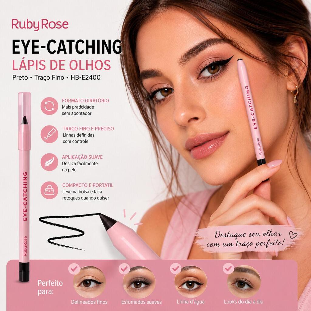 Lápis de Olhos Preto Ruby Rose HB-E2400 - Traço Preciso e Aplicação Fácil