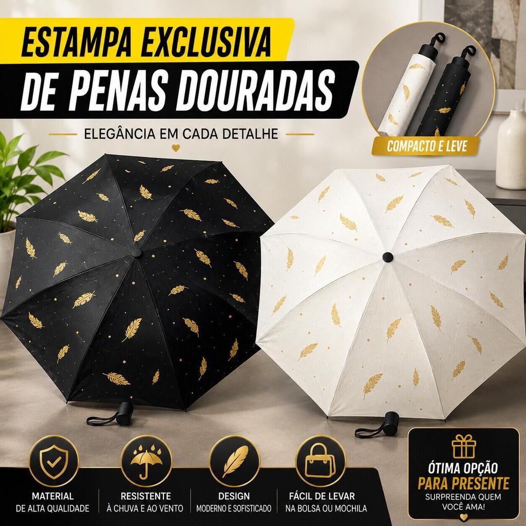 Sombrinha Compacta Dobrável Proteção UV Estampa Penas Douradas para Sol e Chuva Preta ou Branca