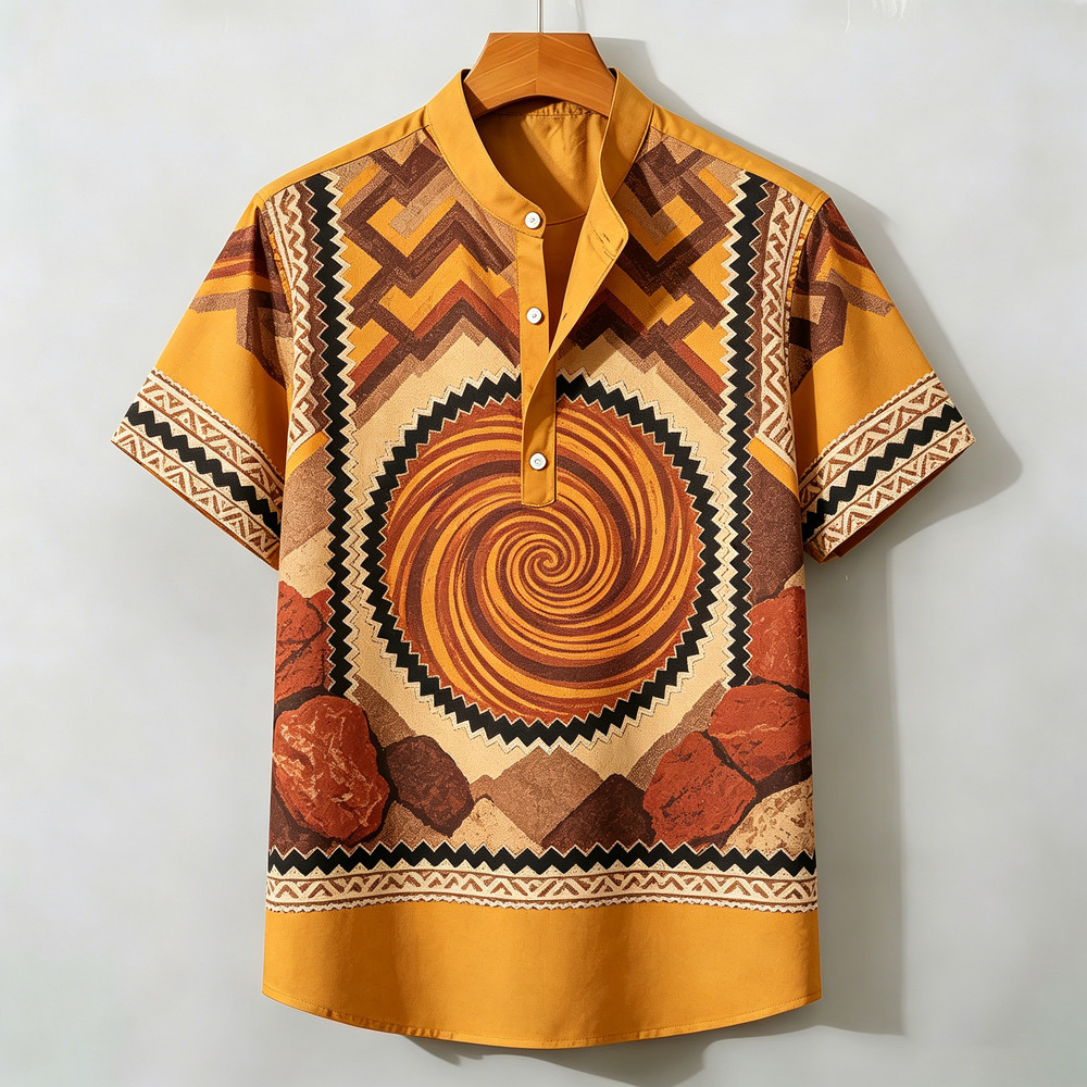 2026 Nova Camisa De Manga Curta Masculina Meia Carcela Henry Colarinho Respirável Retro Rock Espiral Impressão Rua Moda 