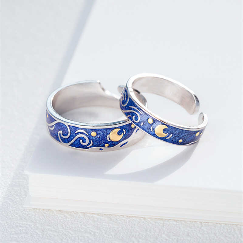 Acessórios Van Gogh céu estrelado casal anel feminino estilo coreano moda elegante mar azul mão acessórios envio em nome