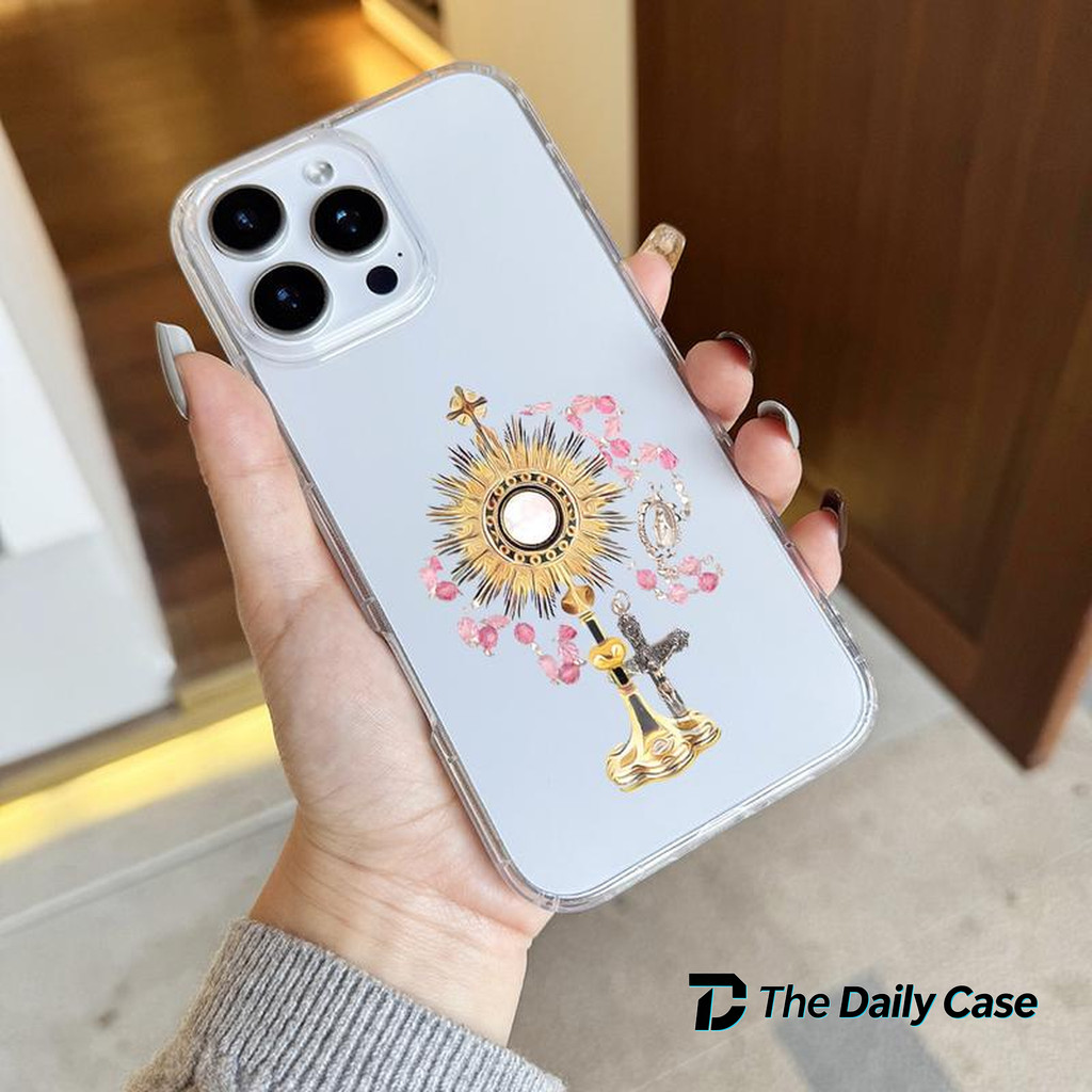 Capinha Religiosa Santíssimo Sacramento e Terço Rosa, Elegante Protetora para iPhone XR 11 12 13 14 15 16 17 Pro Max