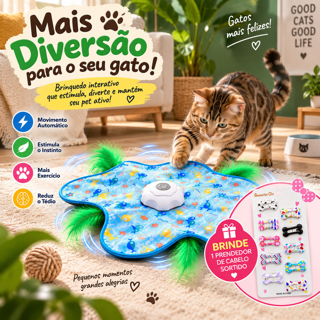 Brinquedo Interativo Gatos – Tapete Estrela 62cm, Automático 360° com Penas e Recarregável USB-C HY-700
