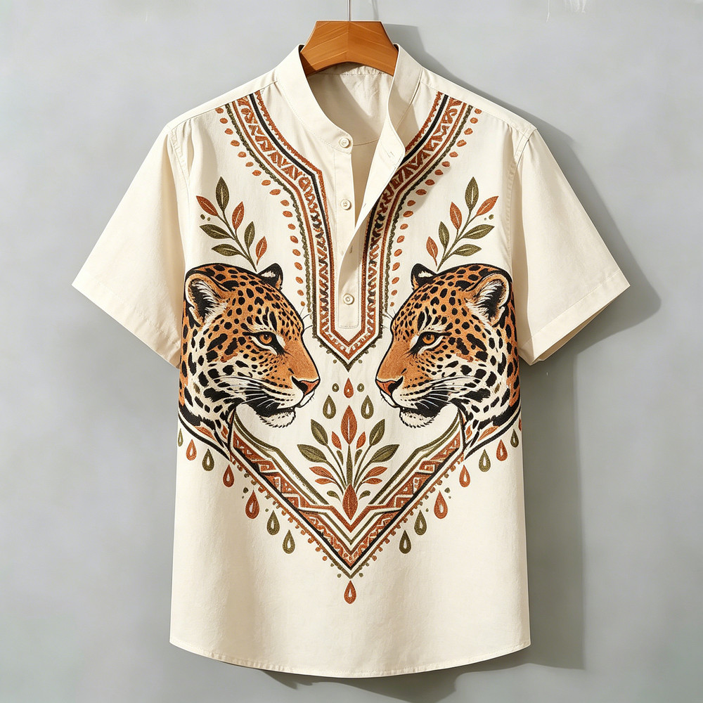 2026 Nova Camisa Masculina De Manga Curta Meia Carcela Henry Colarinho Respirável Leopardo Tigre Impressão Rua Moda Topo