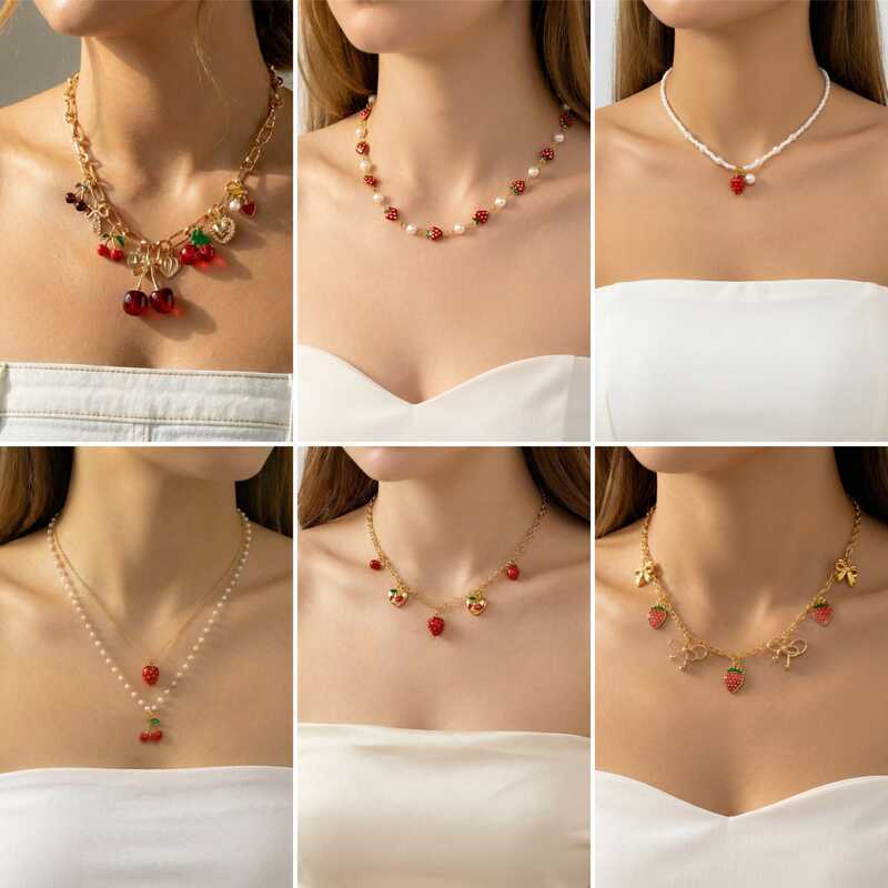 Moda High-End sentimento Multi-elemento pingente colar moda amor cereja frutas acessórios corrente colar ajustável 321
