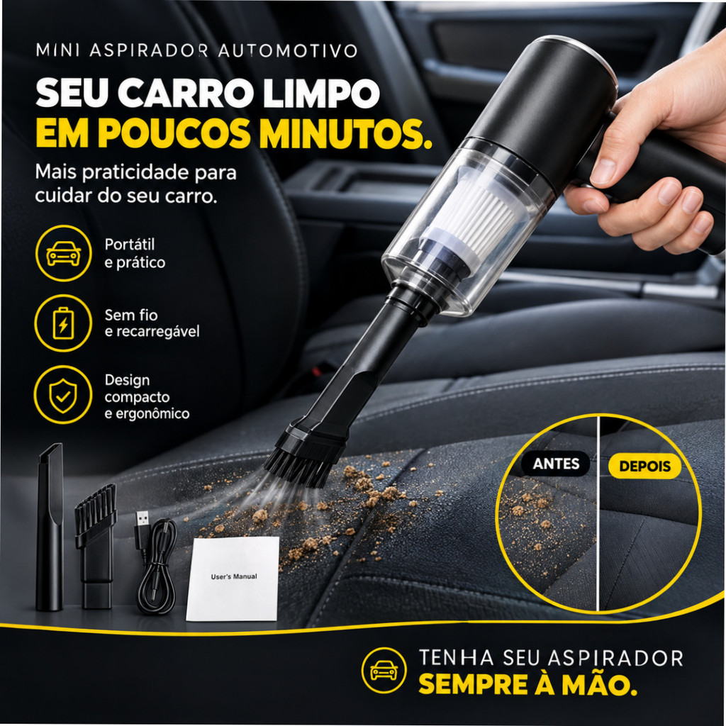 Aspirador de Pó para Carro Portátil Sem Fio Recarregável com Bocal e Escova para Bancos Tapetes e Frestas