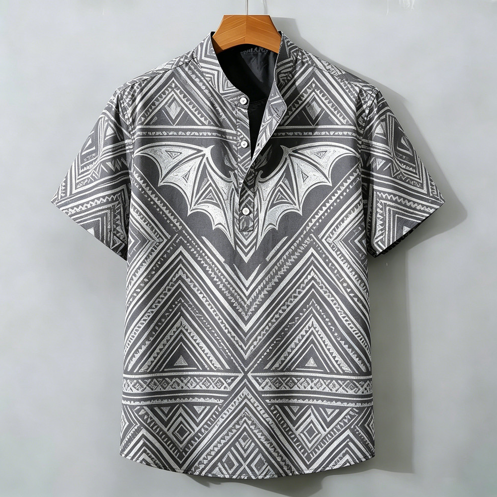 2026 Nova Camisa De Manga Curta Masculina Meia Carcela Henry Colarinho Respirável Totem Tribal Impressão Rua Moda Casual