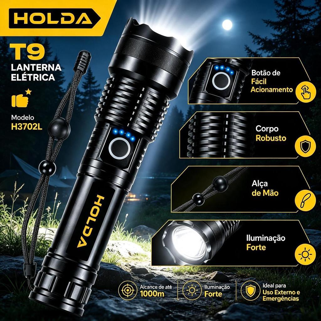 Lanterna Tática T9 Holda Longo Alcance 1000m Luz Super Forte para Camping Emergência Segurança Sítio Fazenda