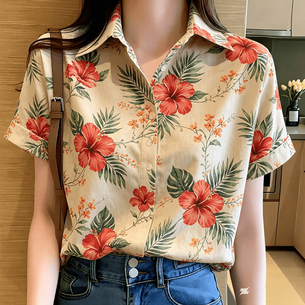 Blusa Feminina De Lapela De Manga Curta , Estampa Floral Rosa Branca Azul Marinho , Camisa De Cetim Com Botões Semelhant