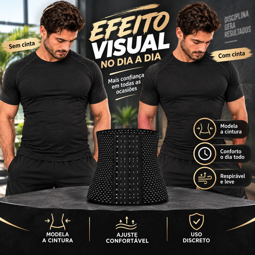 Cinta Modeladora Masculina – Compressão Abdominal Respirável, 6 Fileiras, Preta e Bege, PP ao GG