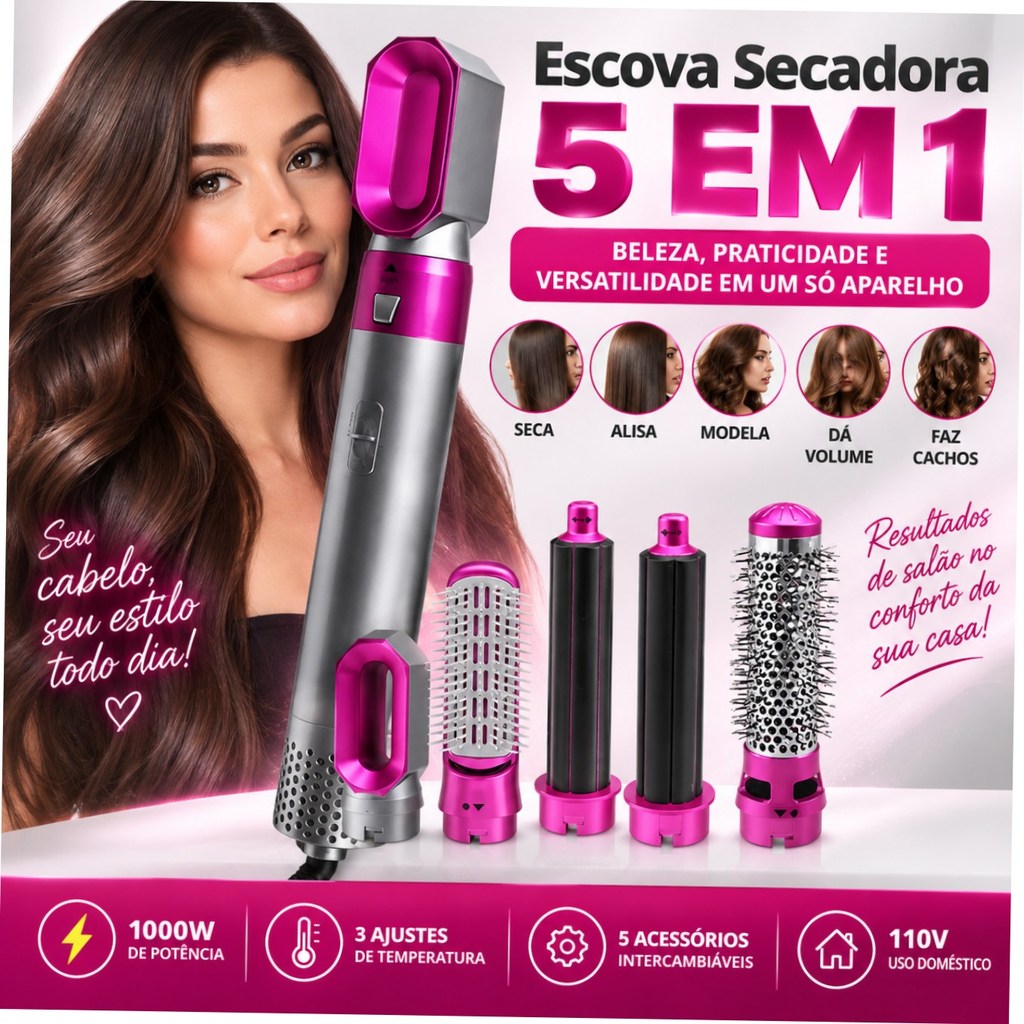 Escova Secadora 5 em 1 Modeladora Alisadora Cachos 1000W com 5 Acessórios 3 Temperaturas 110V