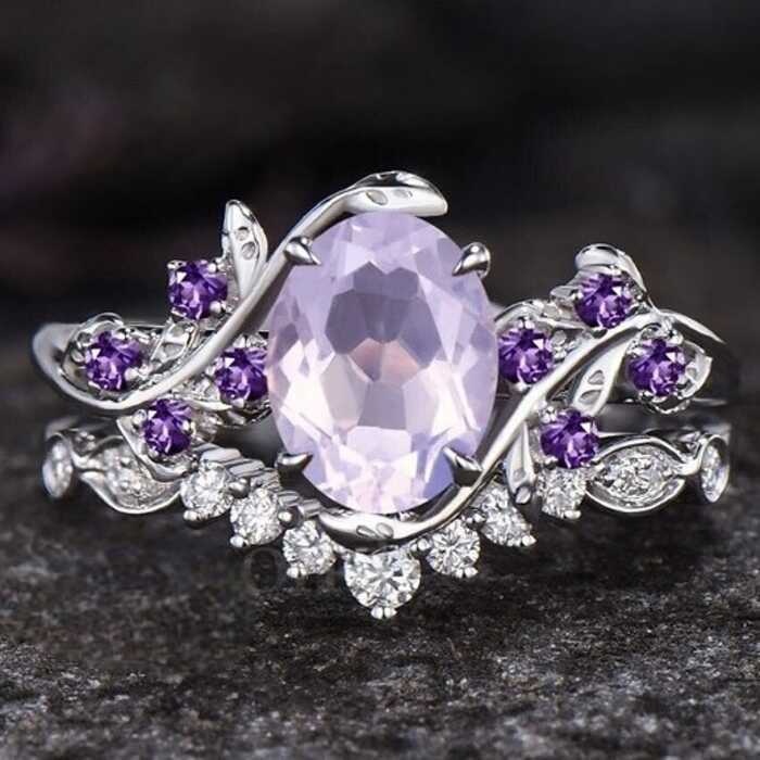 Lindo anel feminino incrustado ametista anel de noivado par anel incrustado zircão diamante anel presente para namorada