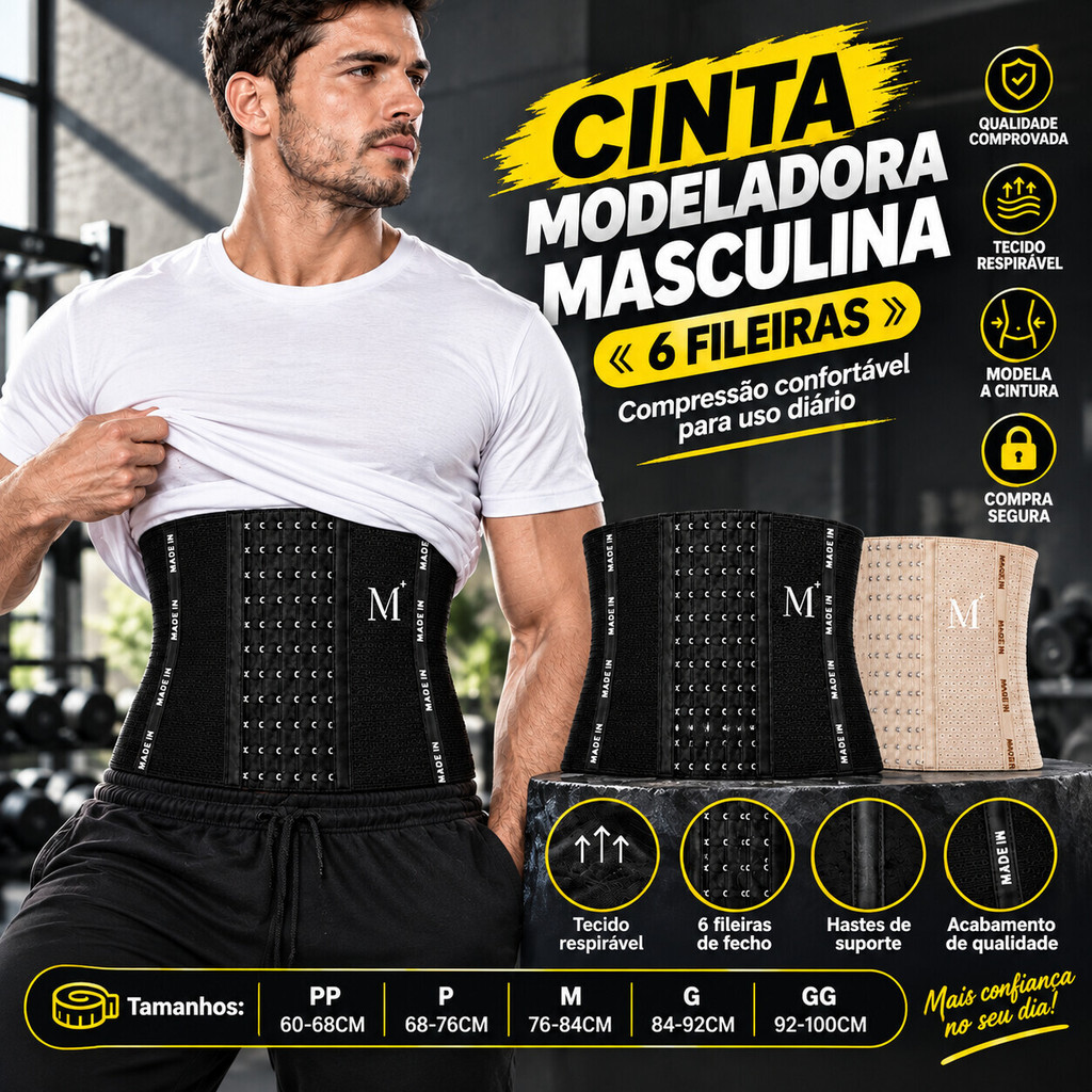 Cinta Modeladora Masculina com 6 Fileiras Abdominal – Compressão Ajustável, Respirável, PP ao GG, Preta/Bege