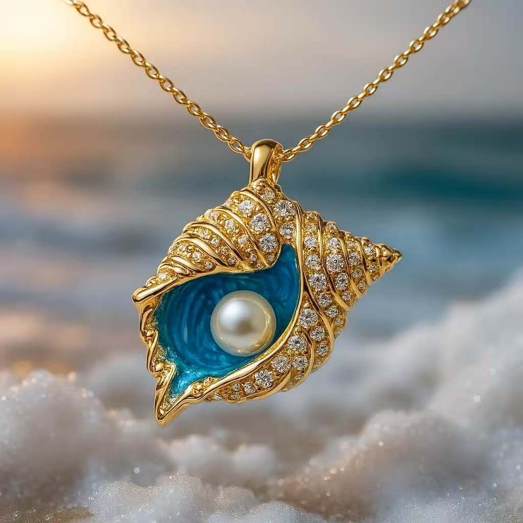 R RUBY Europeu Americano Popular Luxo Concha Colar Pingente Sereia Azul Lágrimas Colar de Pérolas Colar de Diamante Chei
