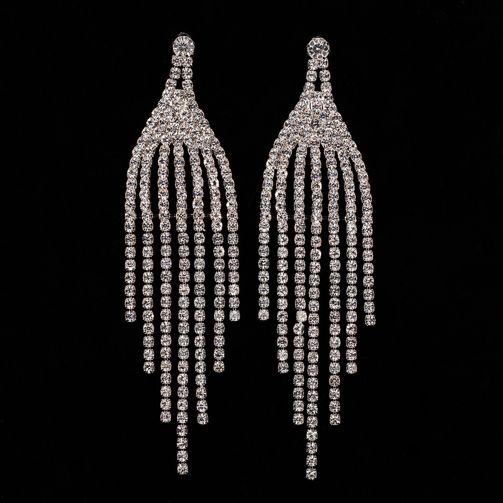R RUBY * Joias Brincos de borla longa cravejados de diamantes Brincos de corrente de garra de strass Brincos de noiva E4
