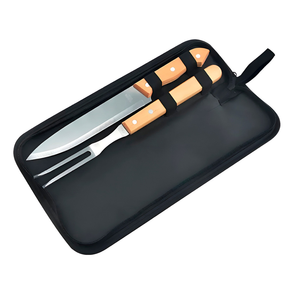 JS Kit Churrasco 2 Peças Garfo Faca Aço Inox Cabo Madeira