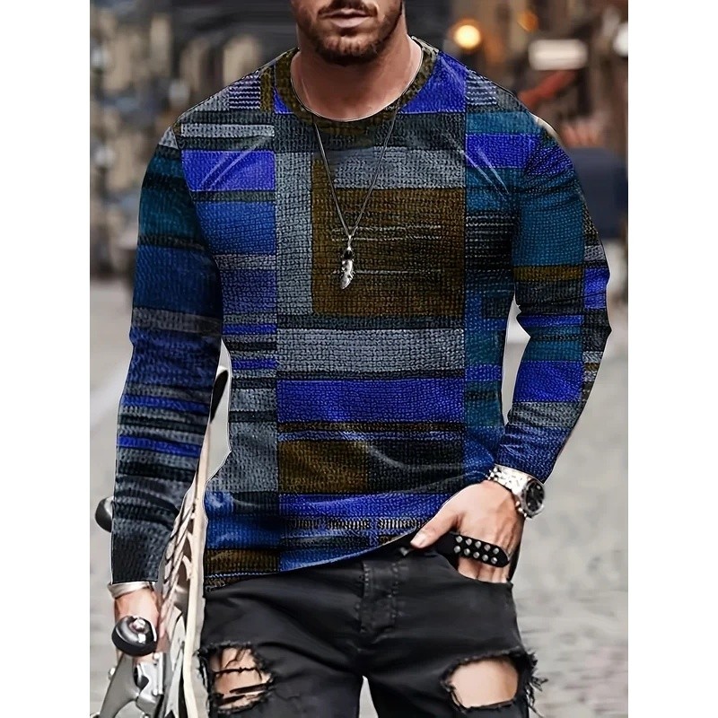 Camiseta Masculina Colorida Irregular Xadrez Padrão Em Torno Do Pescoço De Manga Comprida Primavera E Outono Esportes Ao