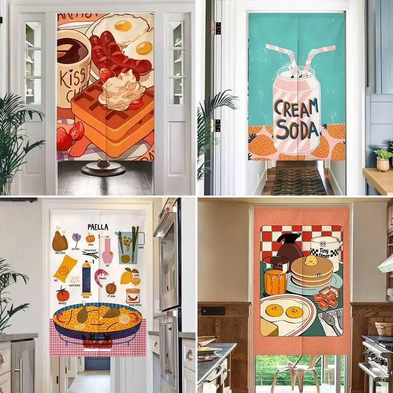 Retro Jantar Comida Noren Porta Cortina Haste Bolso Brunch Sobremesa Bebida Impressão Café Lanche Barra Partição Decoraç