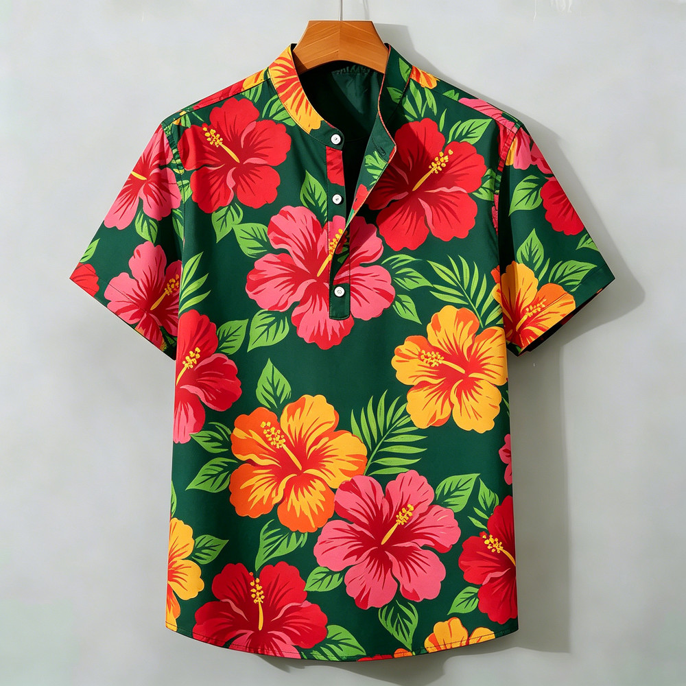 Camisa Masculina De Manga Curta 2026 , Meia Carcela , Gola Henry , Respirável , Rua , Estampa Casual , Moda