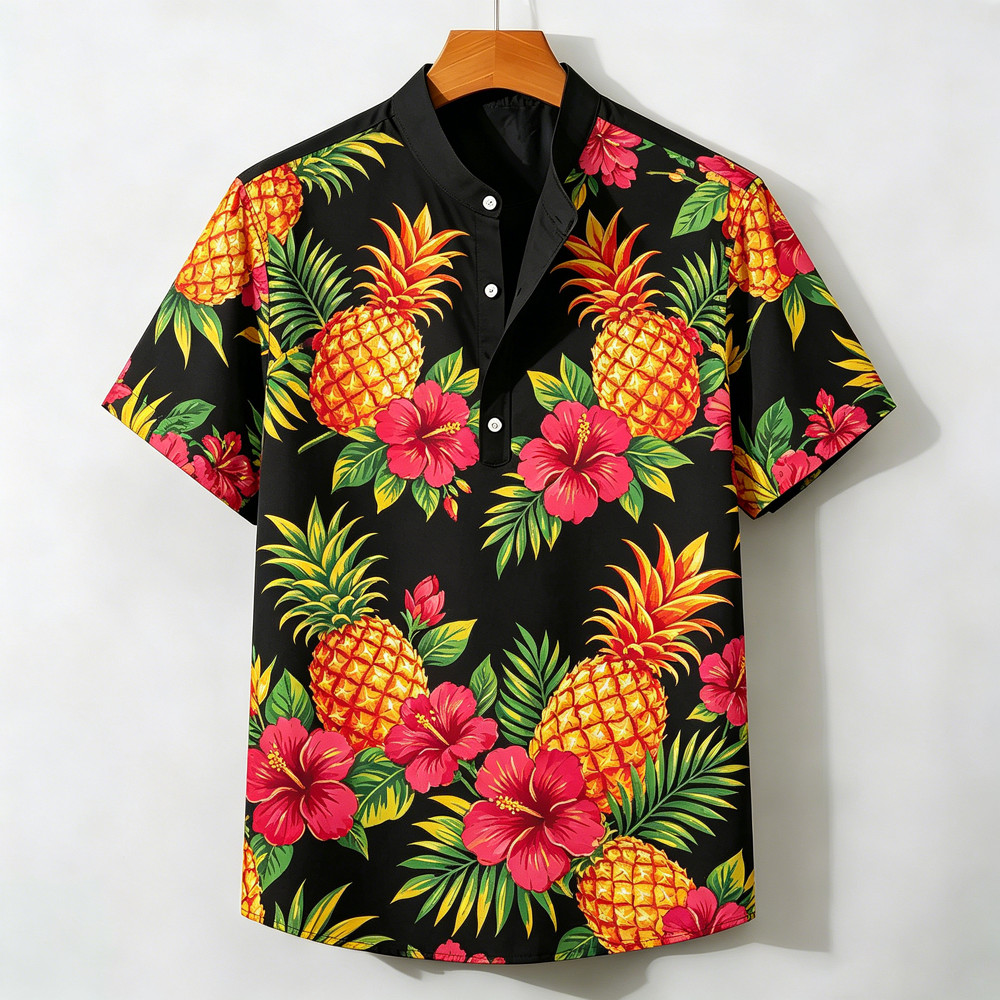 2026 Nova Camisa De Manga Curta Masculina Meia Carcela Henry Colarinho Respirável Abacaxi Hibisco Impressão Rua Moda Cas