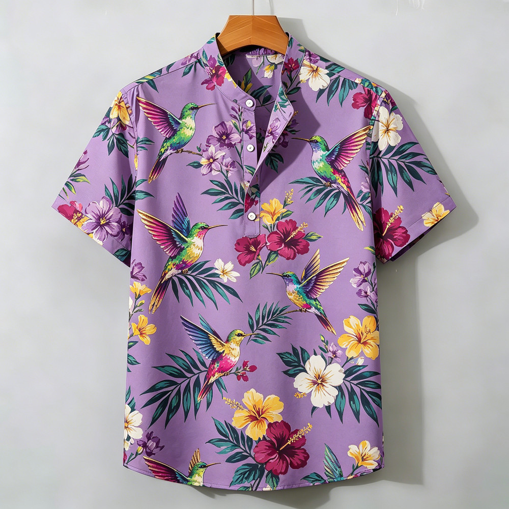 Camisa Masculina De Manga Curta 2026 Meia Carcela Gola Henry Respirável Papagaio Beija-Flor Estampa Estilo Rua Moda Casu