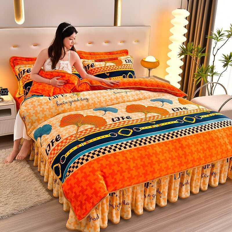 Conjunto de quatro peças de lã de leite grosso inverno Coral velo lençol colcha capa flanela dormitório conjunto de três