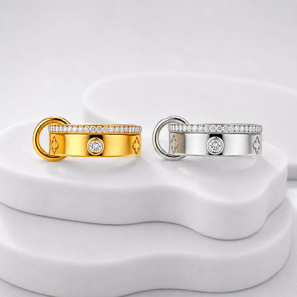 R RUBY Luz Luxo Diamante Anel Duplo Intertravado Anel de Aço Inoxidável Anel de Casal Ouro Prata Duas Cores Anel All-Mat
