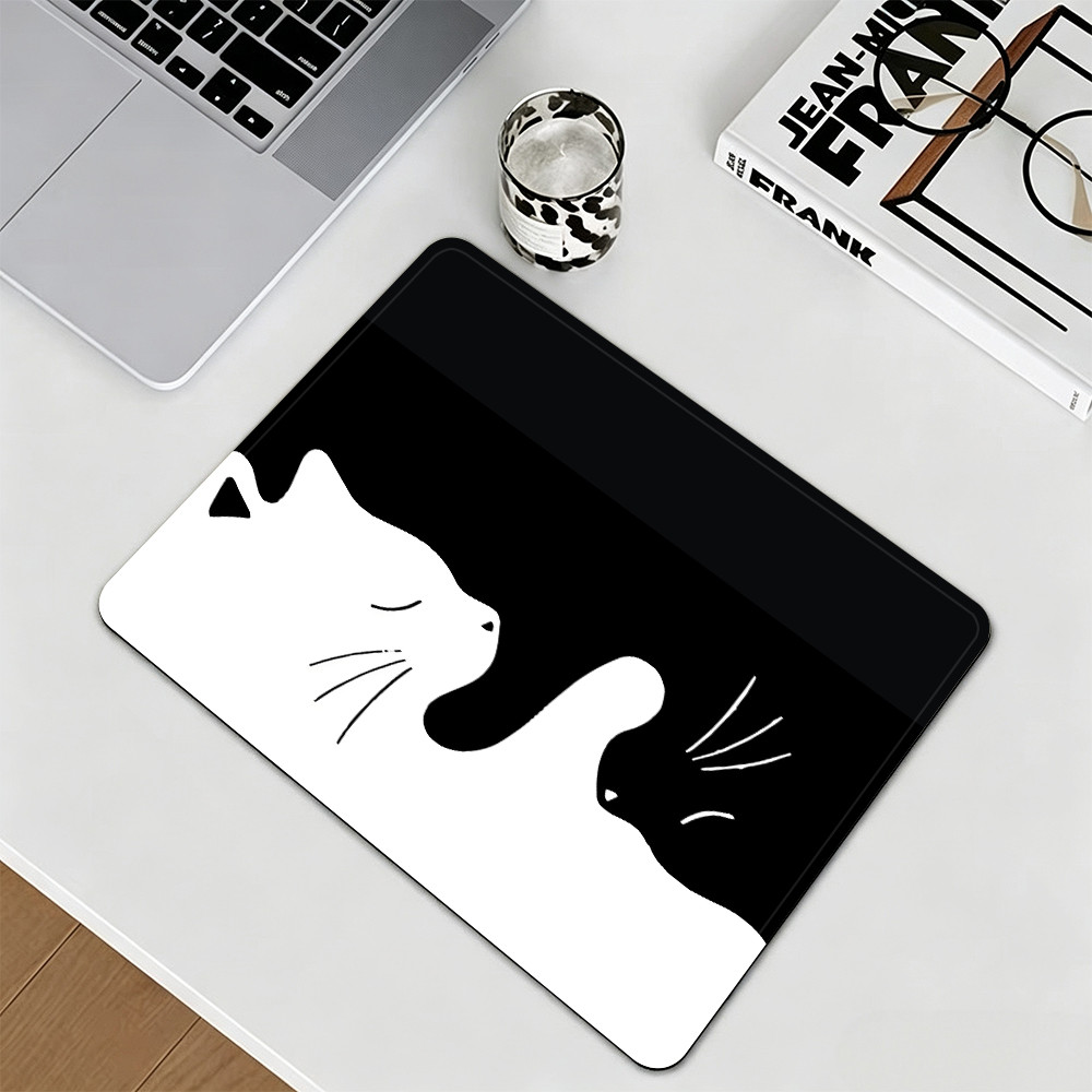 Pequeno Mouse Pad Preto Branco Rosto De Gato Padrão Mínimo Tapete De Mesa Antiderrapante Bonito Animal Mousepad Para Esc