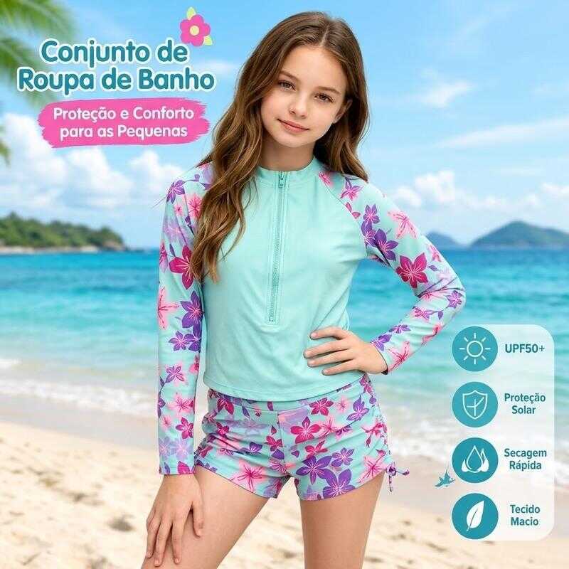 Conjunto Maiô de Manga Longa para Menina, Proteção UV, Secagem Rápida, Tankini