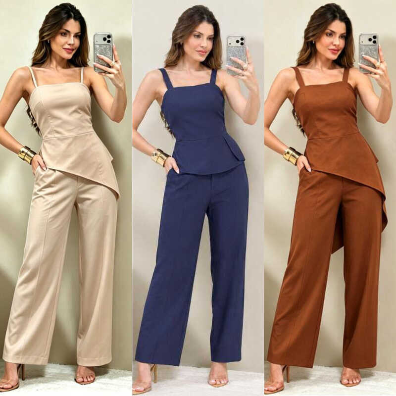 Conjunto Alfaiataria Feminino Blusa Assimétrica Cava Larga e Calça Pantalona Moda Evangélica Casual
