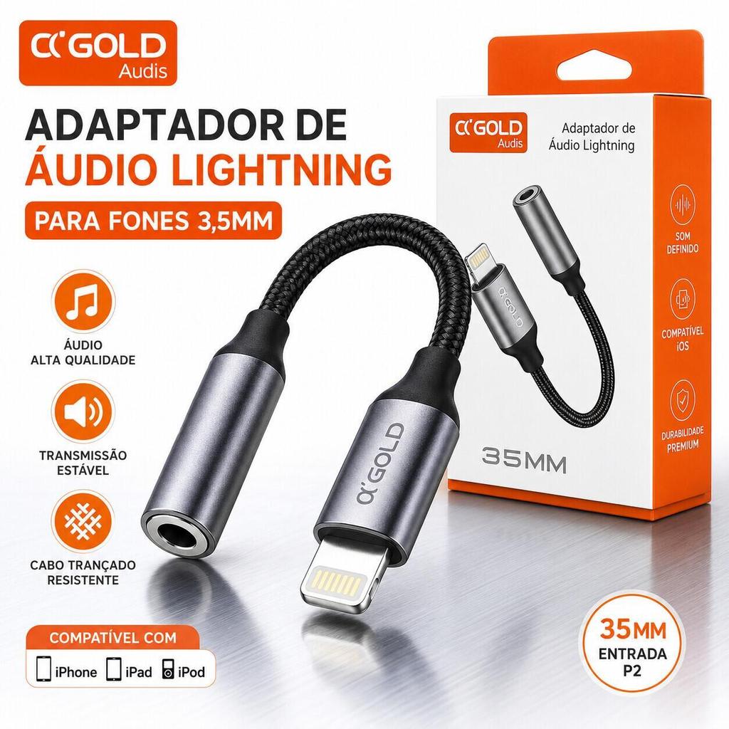 Adaptador Lightning para P2 A'GOLD CBA-12 Cabo Auxiliar Áudio Compatível com iPhone Fone e Caixa de Som