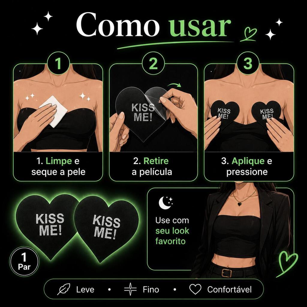 Tapa Seio Coração Kiss Me Glow Brilha no Escuro 2 Par Adesivo Mamilo Preto Festa Carnaval Decote