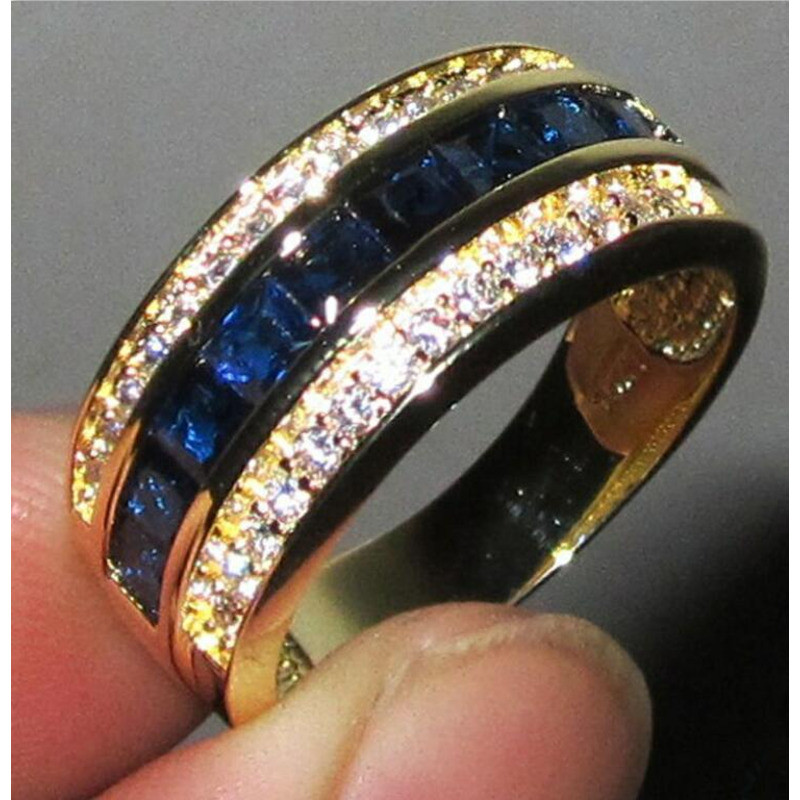 Anel de diamante quadrado de safira com diamante completo banhado a ouro 18k piscando diamante masculino feminino anel p