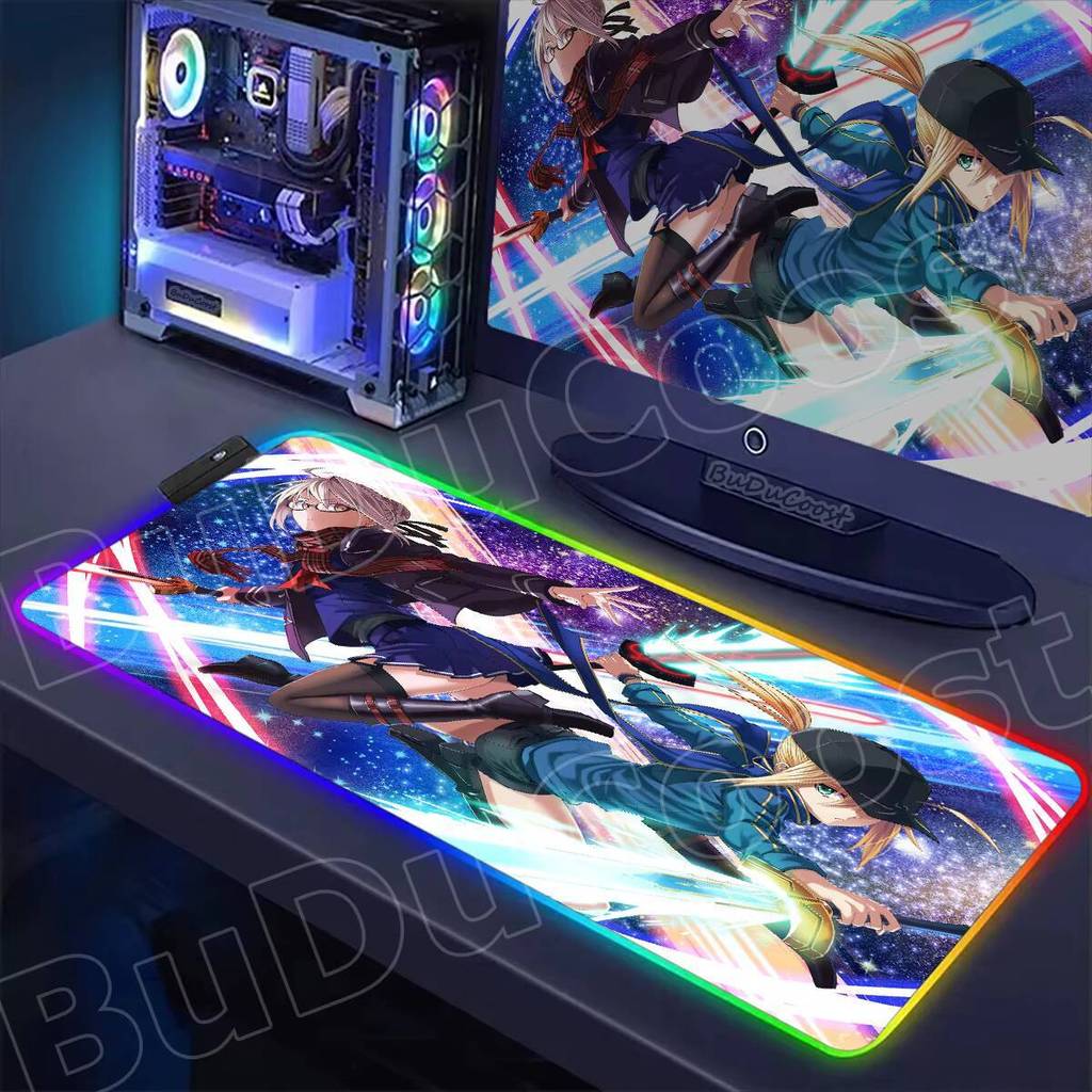 RGB Anime Sabre Fate Grand Order Mouse Pad LED E-Sports Gaming Office Desk Tapetes Acessórios Retroiluminado Computador